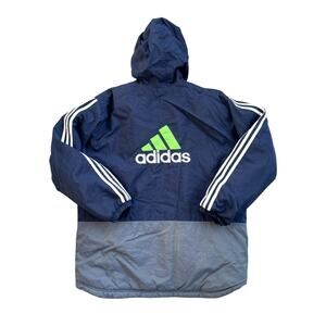 Vtg 1990's Adidas Puffer Striped Coat Embroidered Logo Green White Blue XL